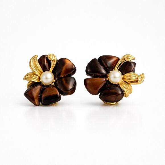 Barcs Jewelry - Vintage 1970s BARCS Tiger’s Eye Flower Earrings Gold Pearl Clip-On Australia